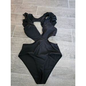 Women's BoujieBum Black One Piece Cutout Swimsuit with Ruffle Flutter Sleeve Top